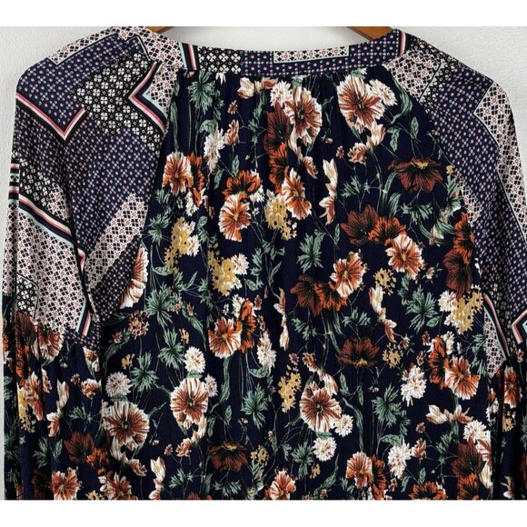 JODIFL Women Blouse Large Boho Floral Patchwork Long Sleeve Top Navy Rayon - Picture 8 of 8